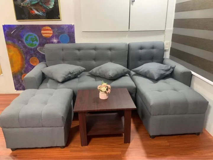 L shape grey buttons fabric sofa with center table uratex foam Lazada PH