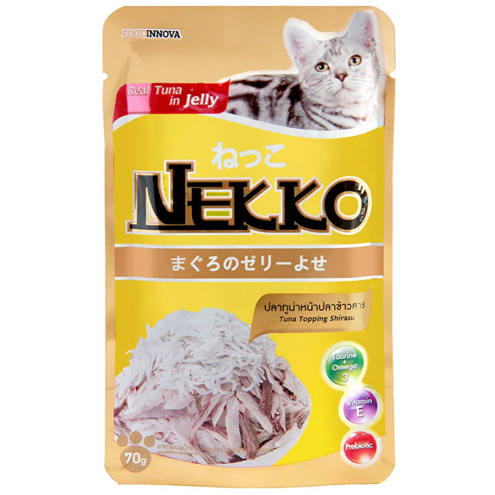 อาหารแมว-อาหารเปียก-nekko-เน็กโกะ-สูตรปลาทูน่าหน้าปลาข้าวสารในเยลลี่-70-กรัม-12-ซอง