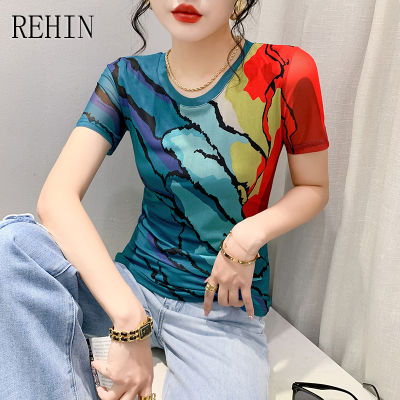 REHIN เสื้อยืดผู้หญิงแขนสั้นพิมพ์ลายคอกลมตาข่ายแฟชั่นสไตล์เกาหลีแบบใหม่ฤดูร้อน