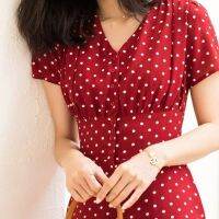 【Ladies shop】ชุดฤดูLadies shopสำหรับผู้หญิงแฟชั่น Dot ยืดหยุ่นผู้หญิง39; S โพลีเอสเตอร์แขนสั้น V-NeckOffice Tunic ClothesRed ทำ