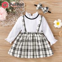 PatPat 2Pcs Baby Ribbed Frilly Collar Long-Sleeve Splicing Faux-Two Plaid Princess Dress Set