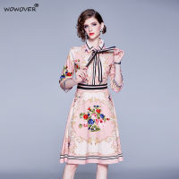 Elegant Runway Designers แขนสั้นสีชมพูหวานพิมพ์ลายดอกไม้ฤดูร้อนผู้หญิง Bow Tie Empire Aline Office Party Robe Femme