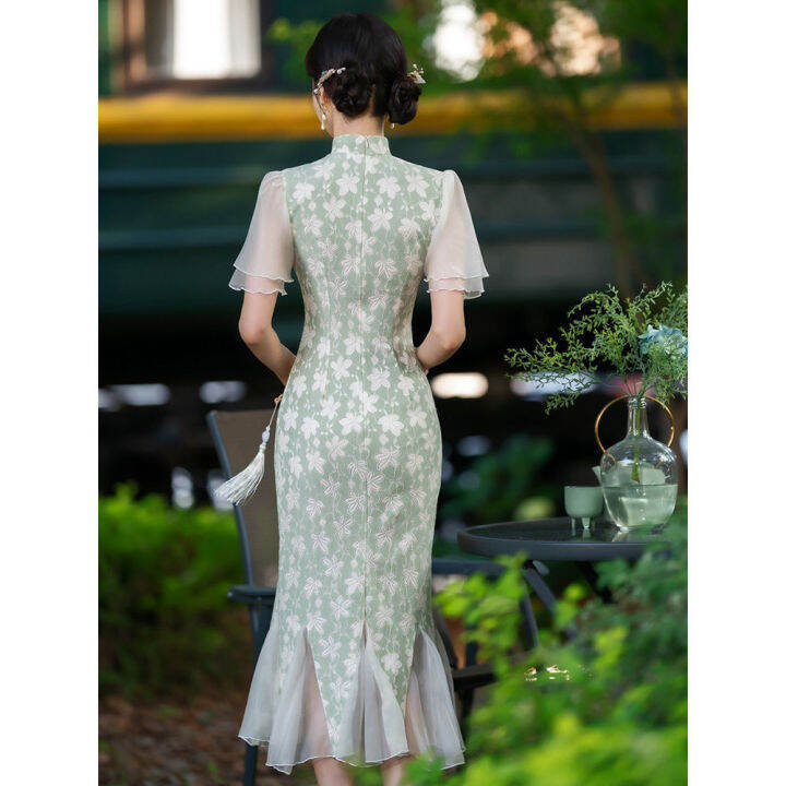 available-green-blue-cheongsam-french-floral-short-sleeve-chiffon-vintage-fishtail-dress-slim-wedding-costumes-elegant-qipao-s-to-xxl