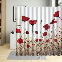 Beautiful Red Poppies Retro Floral Bathroom Decor Shower Curtain Fabric For Living Room Background Decoration Curtains With Hook