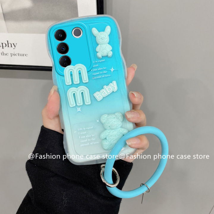 phone-case-เคส-vivo-v27-vivo-v27-pro-5g-เคสโทรศัพท์สีฟ้าไล่ระดับสีฟ้าลายการ์ตูนน่ารักตุ๊กตาหมี3มิติเคสนิ่มกันกระแทกพร้อม2023สร้อยข้อมือซิลิโคนที่ถอดอ