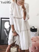 Lace Dress White Women Elegant Embroidered Dress Summer Floral Hollow Out Loose Beach Sunderss Female Splicing Party Vestidos