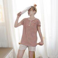 MUJI Japanese style unprinted simple round neck home wear color spun Tianzhu cotton knitted striped pajamas womens long short sleeve couple style [Fast delivery]