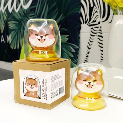 New Shiba Inu Cup Cute Heat-resistant Double Glass Cup of Borosilicate Green Breakfast Milk Cup Cute Pet Cup Childrens Cup220ml