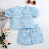 Toddler Baby Girl Elegant Two Piece Outfit Set Summer Textured Pattern Pearls Puff Sleeve Tops Buttons Shorts Children Outfits  by Hs2023