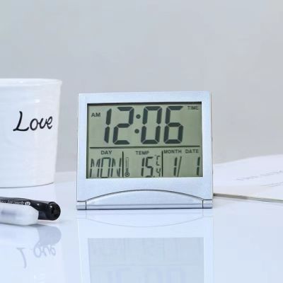 นาฬิกาตั้งโต๊ะนาฬิกาปลุกดิจิตอล Lcd แบบพับได้นาฬิกาขนาดเล็กอุณหภูมิตั้งโต๊ะสถานีสภาพอากาศเดินทาง Ectronic