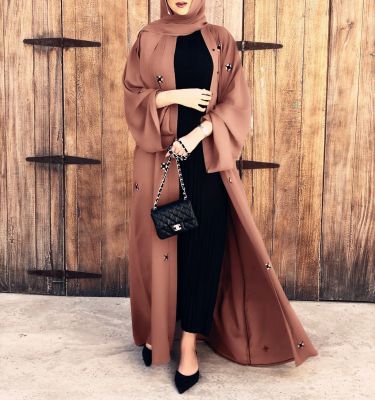 【YF】 2023 New Arrival Muslim Dress For Women Beading Open Abaya With Hijab Luxury Summer Clothing Ramadan Prayer Khaki Elegance Wear