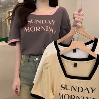 พร้อมส่ง เสื้อยืดแขนสั้น คอสี่เหลี่ยม ผ้าเรยอน พิมพ์ลายตัวอักษร เข้ากับทุกการแต่งกาย สไตล์เกาหลี สําหรับผู้หญิง V728