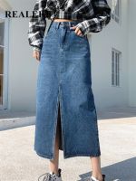 【CC】❦✈  REALEFT 2023 New Front Split Womens Denim Skirt Wasit Jeans Skirts Female Straight