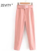 Hot Sale New Women candy color pants red pink color chic sashes business Trousers female fake zipper pantalones mujer pants P953