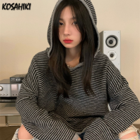 KOSAHIKI Retro Hooded Sweater Women Fashion Stripes Loose Knit Tops Mujer 2021 Autumn Casual All Match Ins Fashion Y2K Jumper