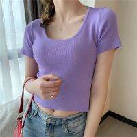 ❈ Knitted Top 182880fashionable All-Match Clavicle Solid Color Short Bottoming Shirt