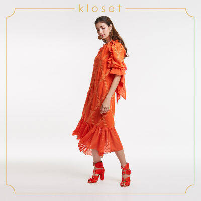 Kloset Ruffle Dress With Puffed Sleeve(SS20-D019)ชุดเดรส ชุดเดรสแขนตุ๊กตา ชุดเดรสยาว ชุดเดรสผ้าปัก ชุดเดรสแฟชั่น