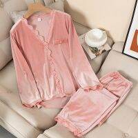 【jw】☼♞  Fdfklak 2 Pieces Sets Gold Warm Pyjama V-Neck Sleepwear Soft Nightwear