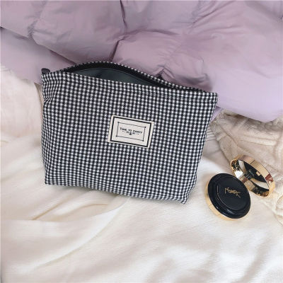 PURDORED 1 Pc Women Lattice Cosmetic Bag Large Solid Black Makeup Bag Travel Beauty Case Storage Organizer Clutch Toiletry Kit