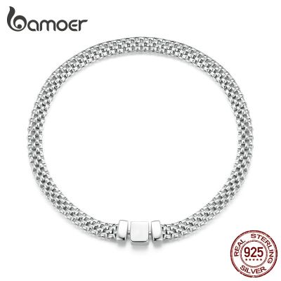 Bamoer 925 Sterling Silver Classic Square Buckle Bracelet Retro Braided Silver Chain Link for Women Platinum Plated Fine Jewelry