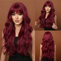 【jw】✴ Wine Synthetic Wigs Burgundy Wavy with Bangs for Hair Wig Resistant