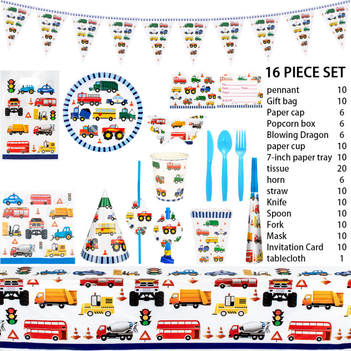 jollyboom-ก่อสร้างจัดหางานเลี้ยงวันเกิด-ขนส่งยานพาหนะตกแต่งธีมสำหรับเด็กทารกฝักบัว-สีแดงสีเขียวสีเหลืองสีฟ้าทิ้งบนโต๊ะอาหารสำหรับรถบรรทุกปาร์ตี้ตกแต่ง