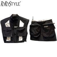 RYRYSTYLE เสื้อผ้าทำงานมีกระเป๋าสำหรับเด็กผู้หญิง,ชุดเบาะรองไหล่กระเป๋าสีตัดกัน + ชุดกระโปรงสั้นเอวมีตัวอักษร