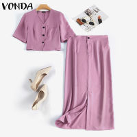 (จัดส่งฟรี)ชุดสำนักงานผู้หญิง Fancystyle VONDA ชุดเสื้อคอวีชุดกระโปรงทรงดินสอแหวกด้านหน้า #2