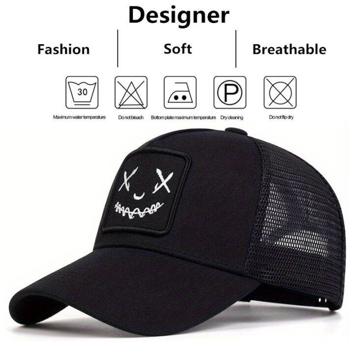 womens-fashion-hip-hop-hat-expression-pattern-embroidered-baseball-cap-adjustable-breathable-mesh-hats-designer-hat-cycling-caps