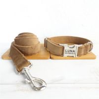 ✥ Personalized Pet Collar Customized Nameplate ID Tag Adjustable Soft Camel Brown Suede Fabric Cat Dog Collars Lead Leash