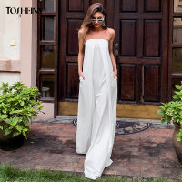 Tosheiny Women Tube Long Jumpsuit Fashion Solid Color Plus Size Elegant Long Overalls Bodysuit TH18843-1