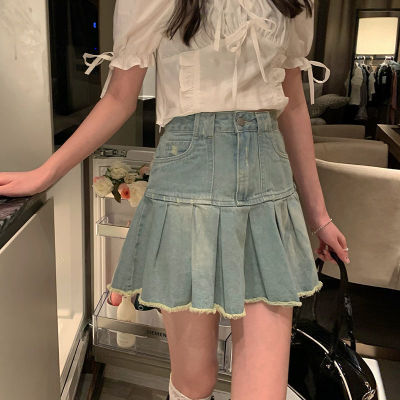 HOUZHOU Vintage Denim Mini Skirt Women Distressed Fringe Sweet High Waist Temperament A-line Pleated Skirt Summer Japanese Style