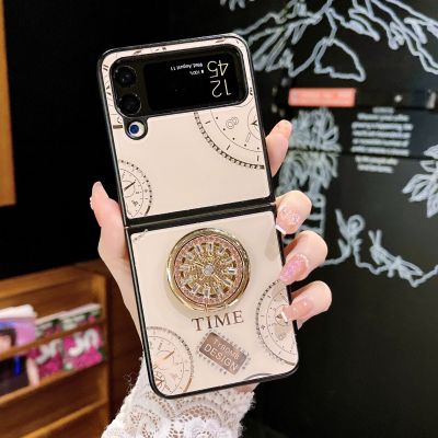 Luxury Diamond Glitter Ring Bracket Phone Case For Samsung Galaxy Z Flip 3 Zflip3 Flip 4 ZFold3 Fold 3 4 5G Clock Holder Cover