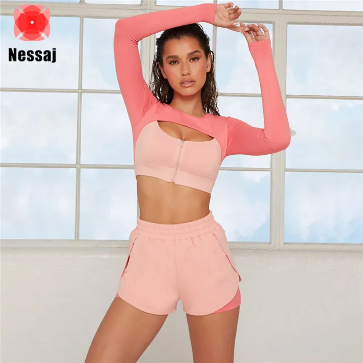 Nessaj Women Sports Outfit For Yoga 2Pcs Top+Shorts High Waist Running  Training Exercise Set Fitness Tight Gymwear | Lazada PH