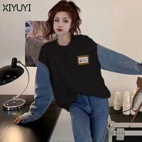 XIYUYI สเวตเตอร์ถัก2ชิ้นปลอมสำหรับผู้หญิงสไตล์ญี่ปุ่นย้อนยุคเสื้อกันหนาวเสื้อเดนิม