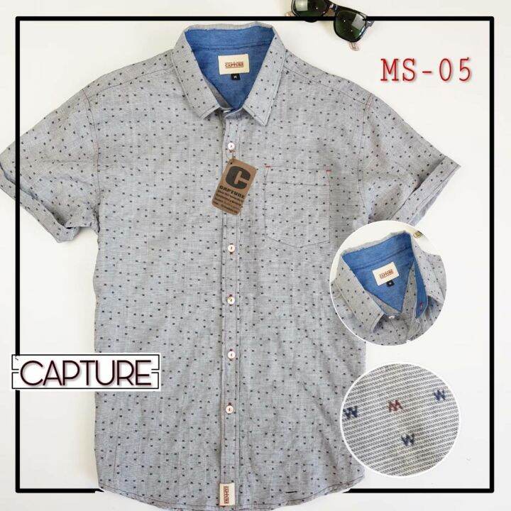 capture-shirt-เสื้อเชิ้ตผู้ชาย-แขนสั้น-คอปก-ผ้า-crinkle-ลายตัวอักษร-m-สีเทา-มีถึงอก-48-นิ้ว