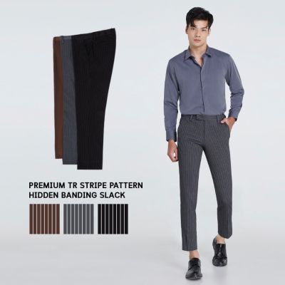 MiinShop เสื้อผู้ชาย เสื้อผ้าผู้ชายเท่ๆ [3 ลาย]ลายทาง กางเกงสแลคเอวยืดได้ [️มีบริการตัดความยาว]Premium TR Stripe Pattern Hidden Banding slack เสื้อผู้ชายสไตร์เกาหลี