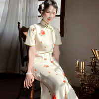 Red Rose Cheongsam 2022ฤดูร้อนใหม่สไตล์จีนแผ่นปุ่มยาวทุกวันชุดด้านข้าง R โบราณ Qipao ทุกวัน Dresses