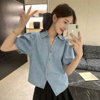 ร้อน, ร้อน★Irregular denim shirt jacket women 2022 new vintage short slim chic short-sleeved top