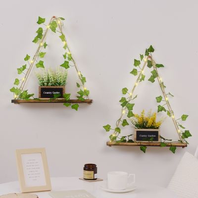 【YF】 Ivy LED-Strip Wall Hanging Shelves  Plant Shelf Macrame Shelf for Bedroom Living Room Wood Décor