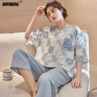 2022 New Summer Fashion Pajamas Womens Soft Cotton Blue Leisure Sleepwear for Young Girls Round Collar Kawaii Style Homesuit