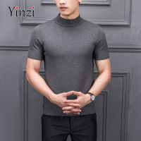 wuhau YINZI 2021ฤดูร้อนถักเสื้อยืด Slim เสื้อกันหนาวแขนเสื้อสั้นสีทึบกึ่งสูงถักสำหรับชาย