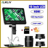 Elikliv 10.1 "หน้าจอ HDMI กล้องจุลทรรศน์ดิจิตอลแอลซีดี3เลนส์กล้องจุลทรรศน์เหรียญ,กล้องจุลทรรศน์2160P 24MP บัดกรีกล้องจุลทรรศน์ชีวภาพชุดแว่นขยาย1500X เหรียญที่มีไฟ,ทีวี,Windows/mac