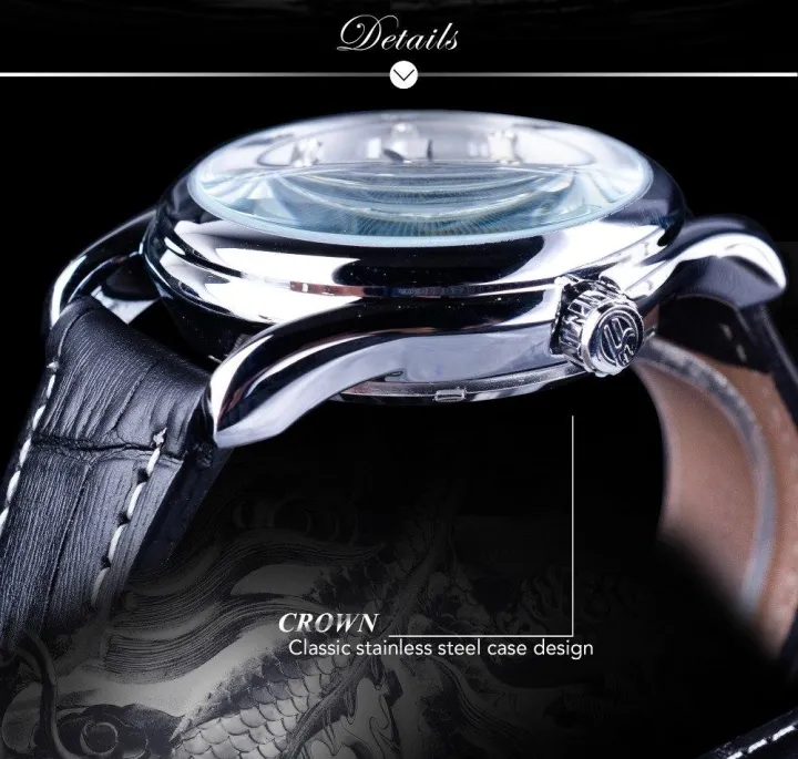 นาฬิกาข้อมือนาฬิกา-forsining-แบรนด์หรูของบุรุษอัตโนมัติสีขาวลายมังกรจีนสายหนังแท้สีดำ