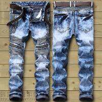 Biker Jeans Mens Distressed Stretch Ripped Biker Jeans Men Hip Hop Slim Fit Holes Punk Denim Jeans Cotton Pants