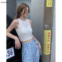 hanshi [2023 new HOT FASHION] เสื้อกล้ามถักผู้หญิงคอกลมแขนกุดเข้ารูปสีทึบฤดูร้อน