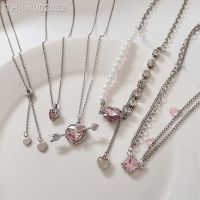 ✑¤ Kpop Fashion Vintage Hollow Pink Crystal Heart Pendant Silver Color Chain Neck Necklace for Women Girl Wedding Aesthetic Jewelry