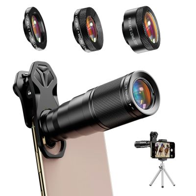APEXEL 4in1 Phone Camera Lens Kit 22x Telephoto Zoom Monocular Telescope + Macro Wide Fisheye Lens With Remote Tripod for Phones