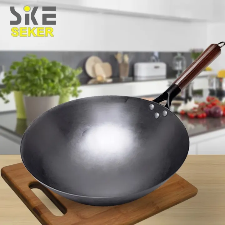SEKER Kawali Wok Pan Non Stick Black Carbon Steel Wok for Gas Stove 32