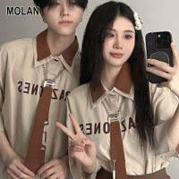 MOLAN เสื้อเชิ้ตนักศึกษาแขนสั้น เสื้อเชิ้ตชายเสื้อเชิ้ตแขนสั้นวินเทจทรงหลวมสำหรับผู้ชายใหม่เสื้อคู่ดีไซน์แบบสูงสไตล์โรงเรียนวิทยาลัยจบการศึกษาชุดนักเรียน